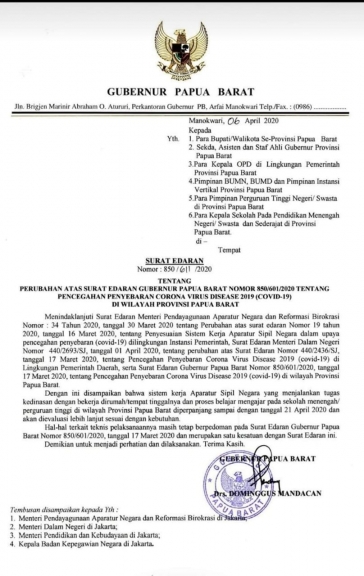 Surat Edaran Gubernur Papua Barat