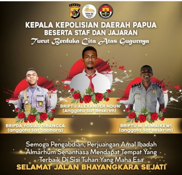 Ucapan bela sungkawa atas meninggalnya anggota kepolisian pada (12/4/2020) di Kasonaweja, Kabupaten Mamberamo Raya