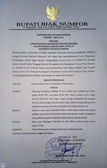 Instruksi Bupati Biak Numfor tentang larangan keluar malam dalam rangka pencegahan penyebaran Covid-19 pada (14/4)