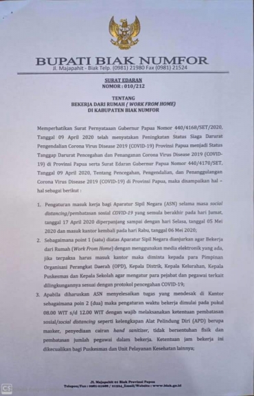 Surat edaran tentang Bekerja dari Rumah untuk ASN Biak Numfor (17/4)