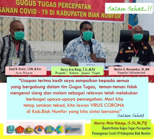 Bupati Biak Numfor didampingi juru bicara Covid-19 Biak Numfor dan kepala sekretariat (doc humas Pemda Biak Numfor)