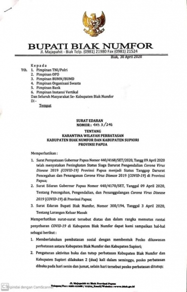 Surat edaran Bupati Biak Numfor tentang karantina wilayah perbatasan kabupaten Biak Numfor dan Kabupaten Supiori, 4 Mei 2020