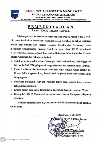 Surat Pemberitahuan Rumah Sakit Umum Manokwari (6/5/2020)