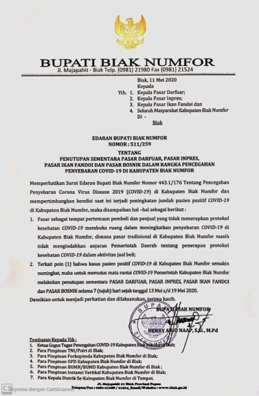 Surat Edaran Bupati Biak Numfor tentang penutupan pasar yang dikeluarkan pada Senin, 11 Mei 2020