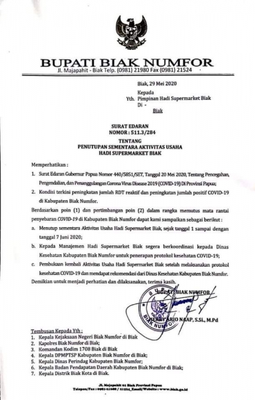Surat edaran Bupati Biak Numfor tentang pentupan sementara Hadi Supermarket Biak