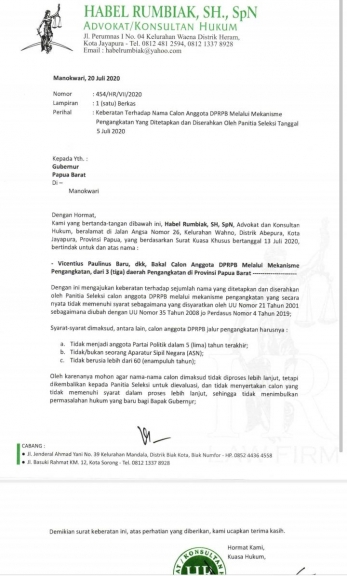 Surat Habel Rumbiak, kuasa hukum Vicentius Paulinus Baru dkk kepada Gubernur Papua Barat. 