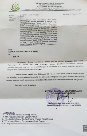 Surat dari Kejaksaan Negeri Merauke kepada Kepolisian Resor Mappi.