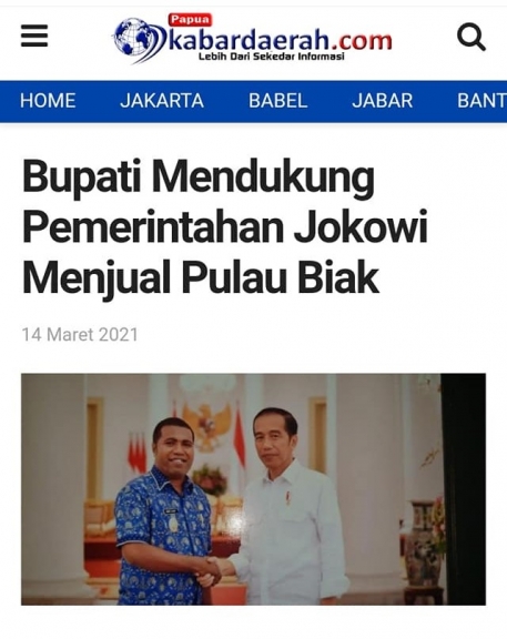 Berita yang ditayangkan oleh kabardaerah.com tentang penjualan Pulau Biak disinyalir Hoaks