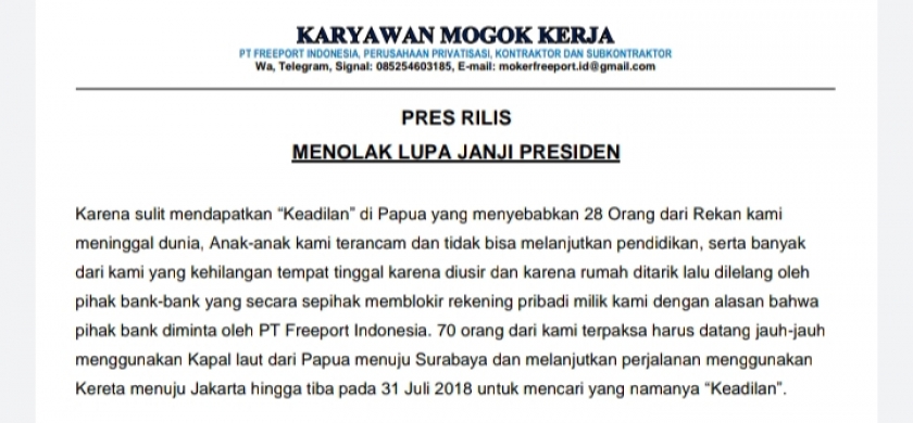 Press release Karyawan Mogok Kerja atas nama Korban Divestasi Saham PT Freeport Indonesia, Menolak Lupa Janji Presiden. [Foto: ist]