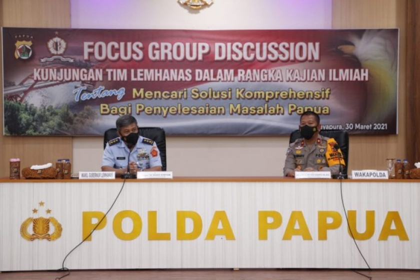 Focus Group Discussion (FGD) Kajian Jangka Panjang Tentang Mencari Solusi Komprehensif bagi Penyelesaian Masalah di Papua Bertempat di Aula Rupatama Polda Papua , Selasa (30/03/2021). [Foto: Humas Polda Papua]