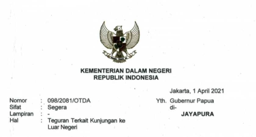 Surat Teguran Kemendagri RI kepada Gubernur Papua Lukas Enembe terkait Kunjungan ke Luar Negeri.