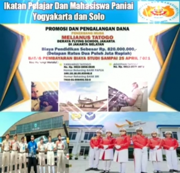 Poster promosi dan galang dana penerbang muda, Melianus Tatogo. [Foto: Facebook Yulius]