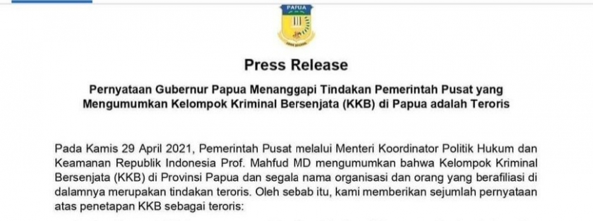 Pernyataan Gubernur Papua menanggapi penetapan status KKB sebagai teroris.