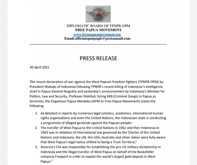 Rilis Dewan Diplomatik TPNPB-OPM pada Jumat (30/4).