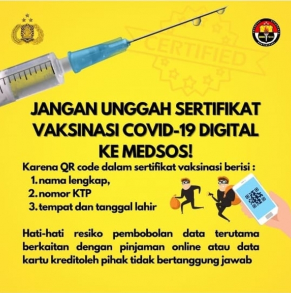 Polri: Jangan Unggah Sertifikat Vaksin Covid-19 ke Medsos Anda