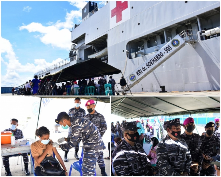 Kapal Perang TNI AL dr. Soeharso-990, Siapkan Pengisian Oksigen Gratis dan Vaksin Bagi Masyarakat Sorong. [Foto: tni.mil.id]
