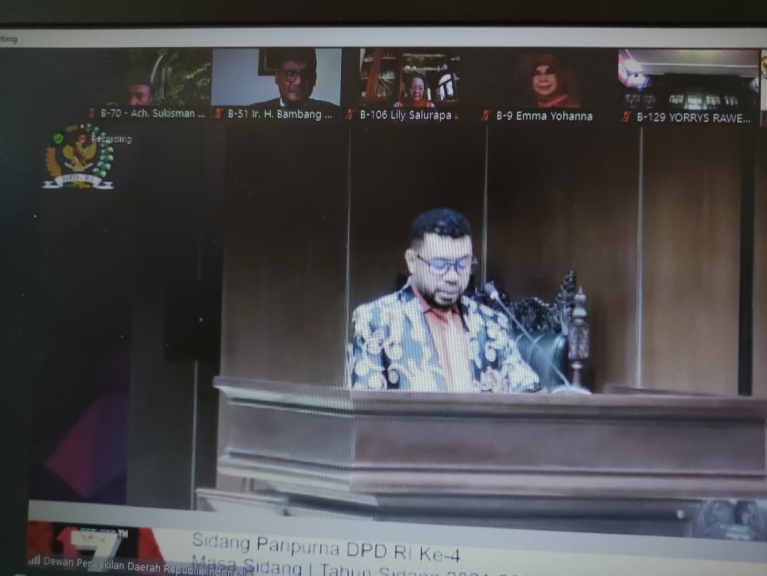 Laporan Pelaksanaan Tugas Komite I DPD RI pada Masa Sidang I Tahun Sidang 2021-2022 Sidang Paripurna ke-4 DPD RI, Jumat (8/10/2021).