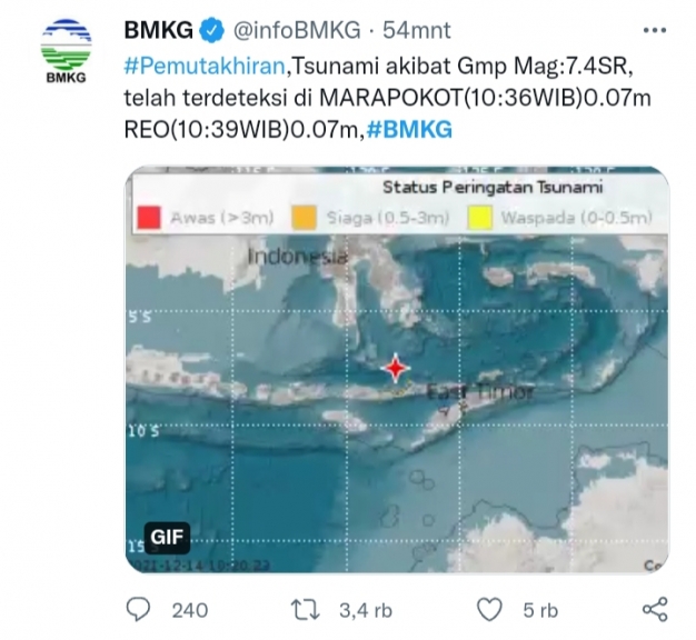 Gempa 7,4 SR Guncang NTT. [Foto: @infoBMKG]