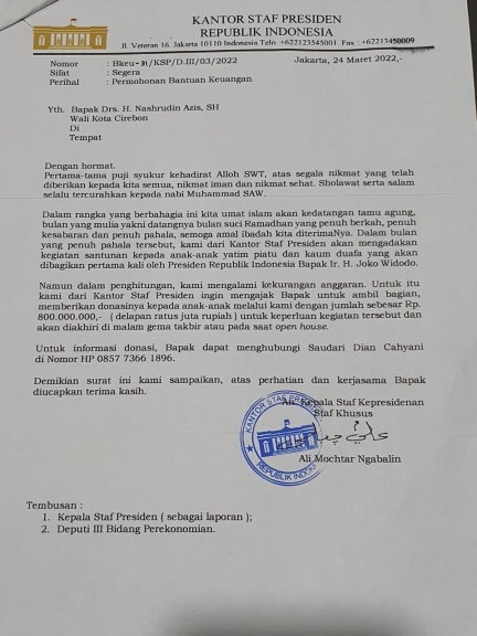 Viral Surat Catut Ali Ngabalin Minta Sumbangan ke Walikota Cirebon.