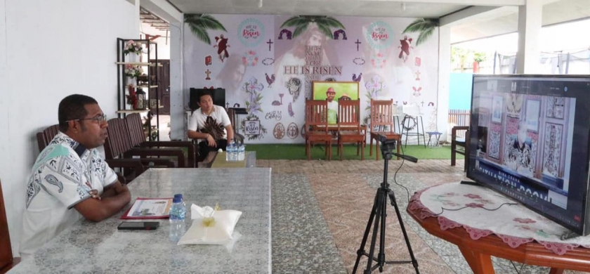 Rapat di Deputi V Kantor Staf Kepresidenan (KSP) yang diikuti oleh Bupati Biak Numfor Herry Ario Naap, S.Si, M.Pd secara daring dari Biak, Rabu (11/5/2022). [Foto: Humas Pemkab Biak]