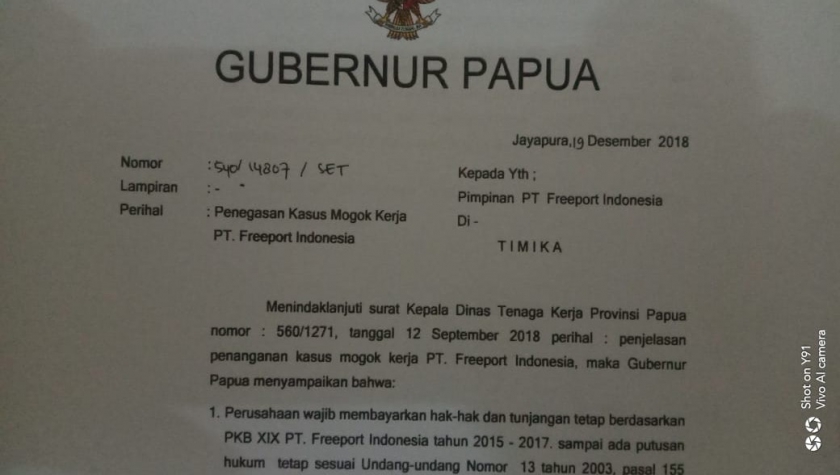Surat Gubernur Papua Kepada PT.Freeport. (Foto/RW)